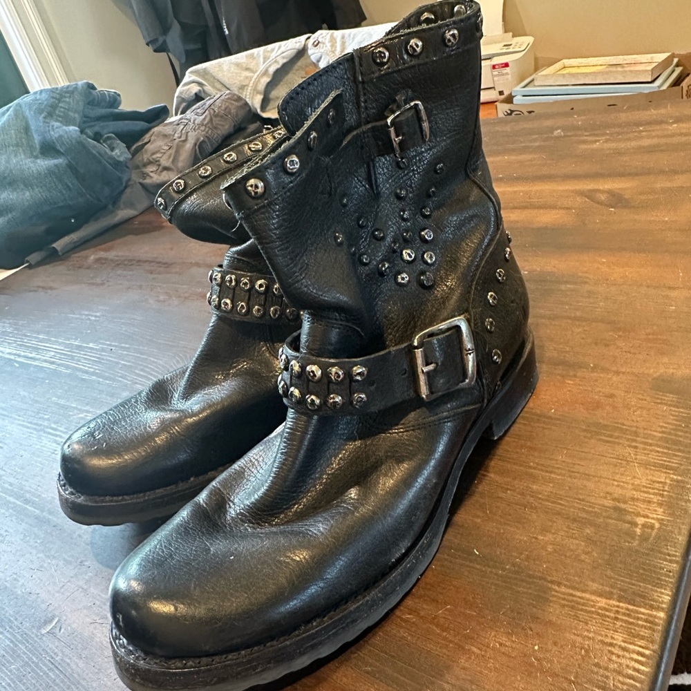 Frye Black Motorcycle Boots with Buckle Straps